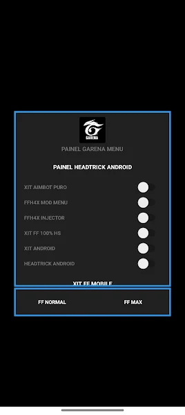 Screenshot of Garena Panel Free Fire options